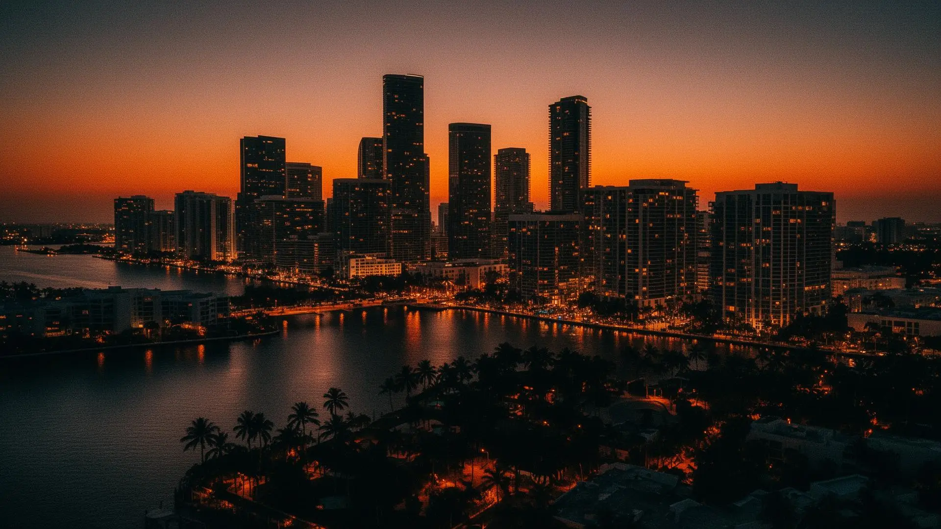 Miami Brickell skyline at twilight reflected on Biscayne Bay