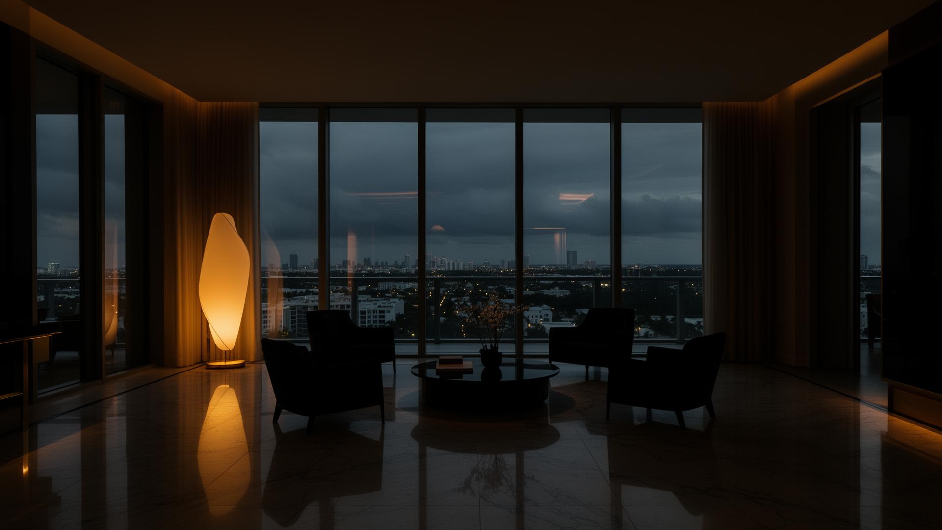 Luxury Miami penthouse interior at dusk
