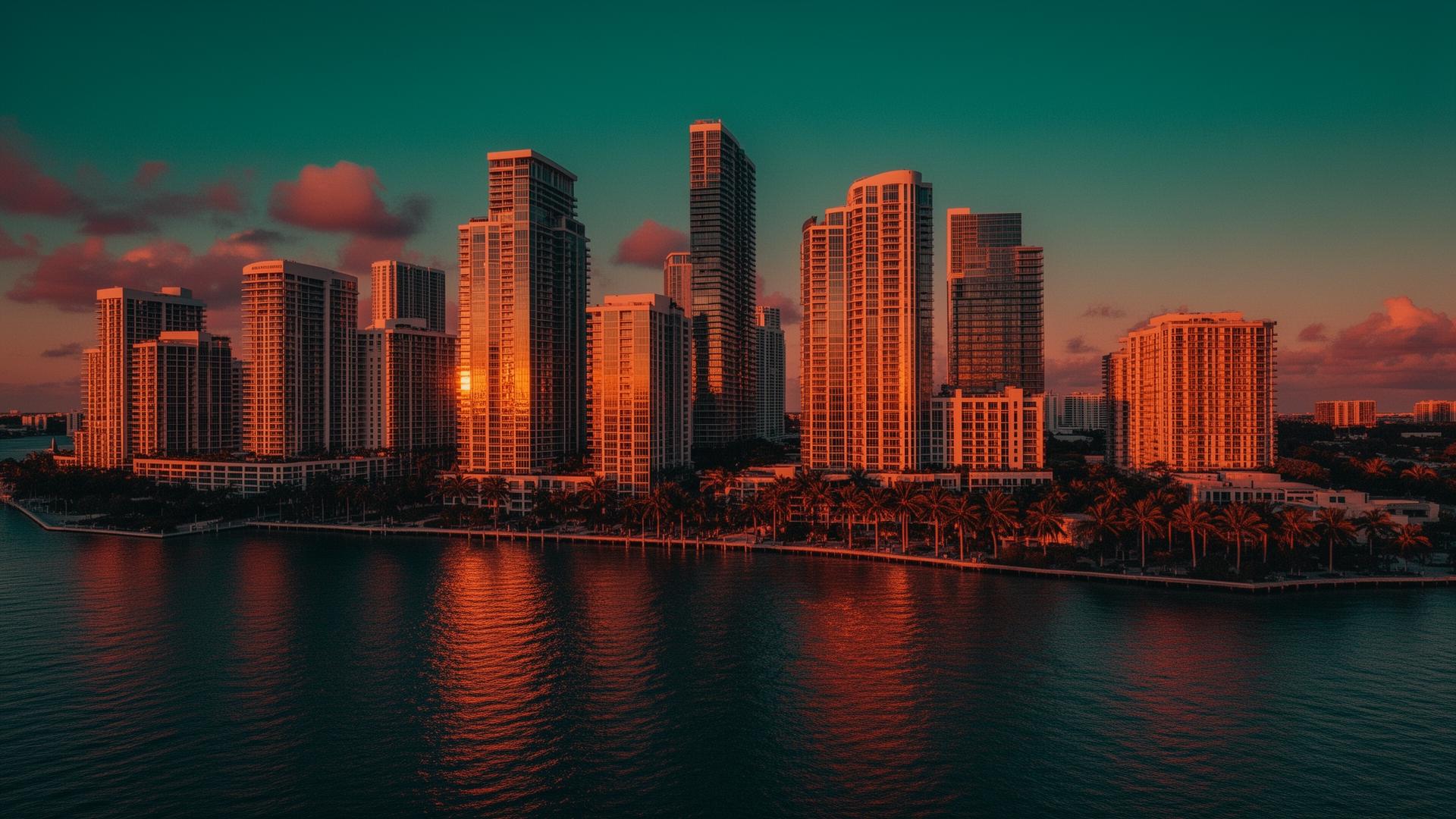 Miami skyline at golden hour — luxury high-rise residences over Biscayne Bay